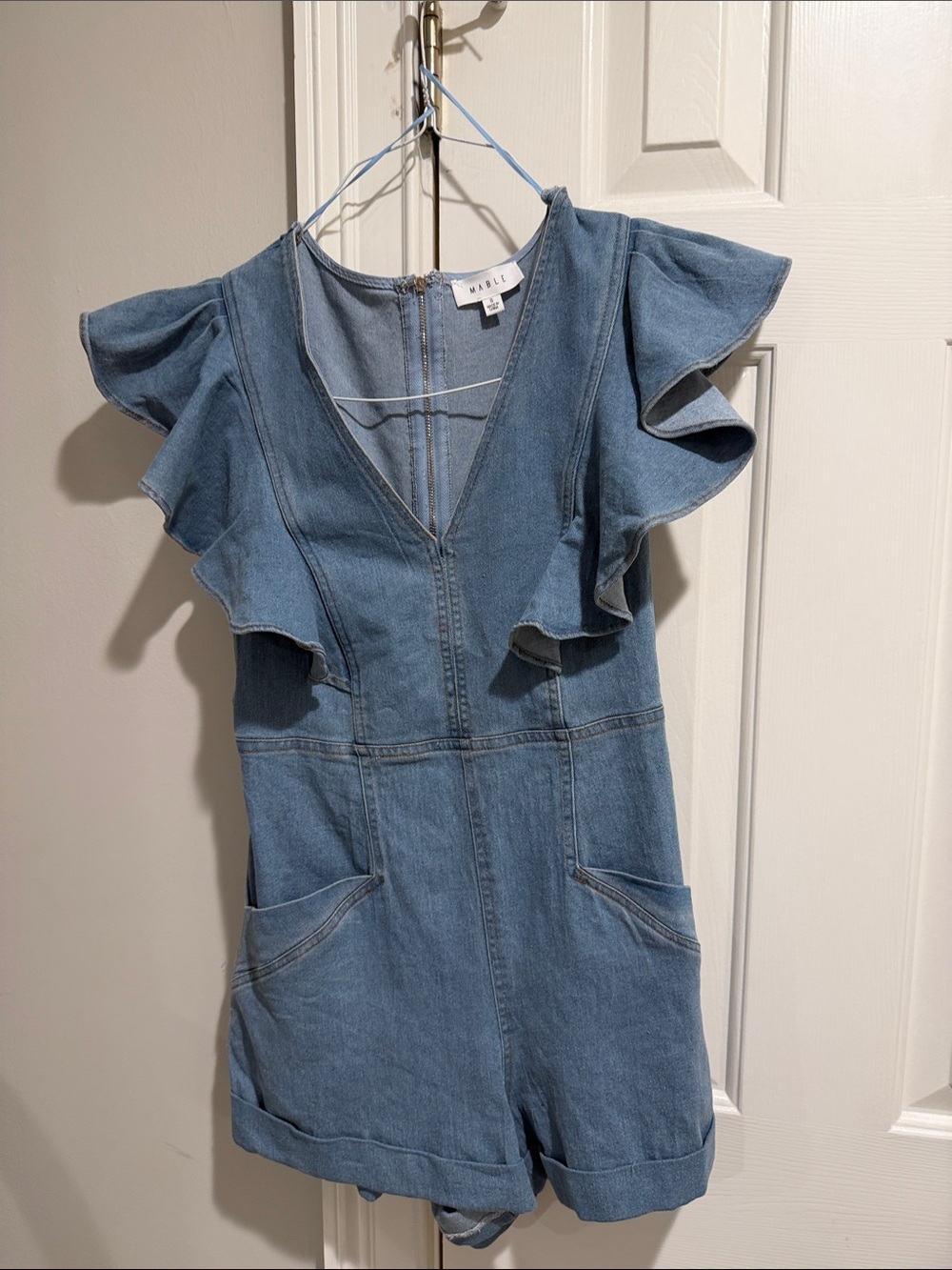 MILEY Light Blue Denim Ruffle-Sleeve Romper Bodysuit